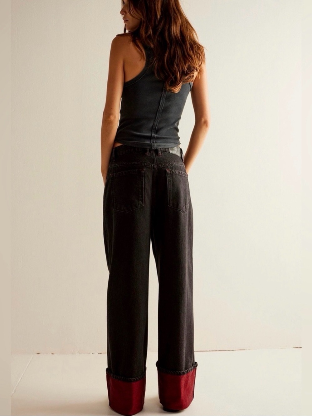 NWT Free People Final Countdown Black Wide-Leg Baggy Jeans with Red Cuff - Picture 2 of 10